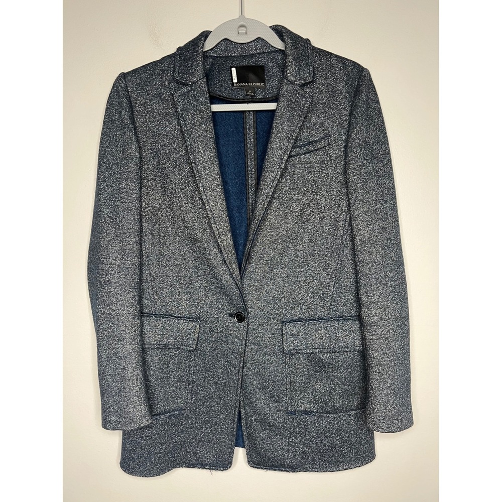 Banana Republic Blue Wool Blend Raw Edge Single Button Blazer Jacket Women's 4